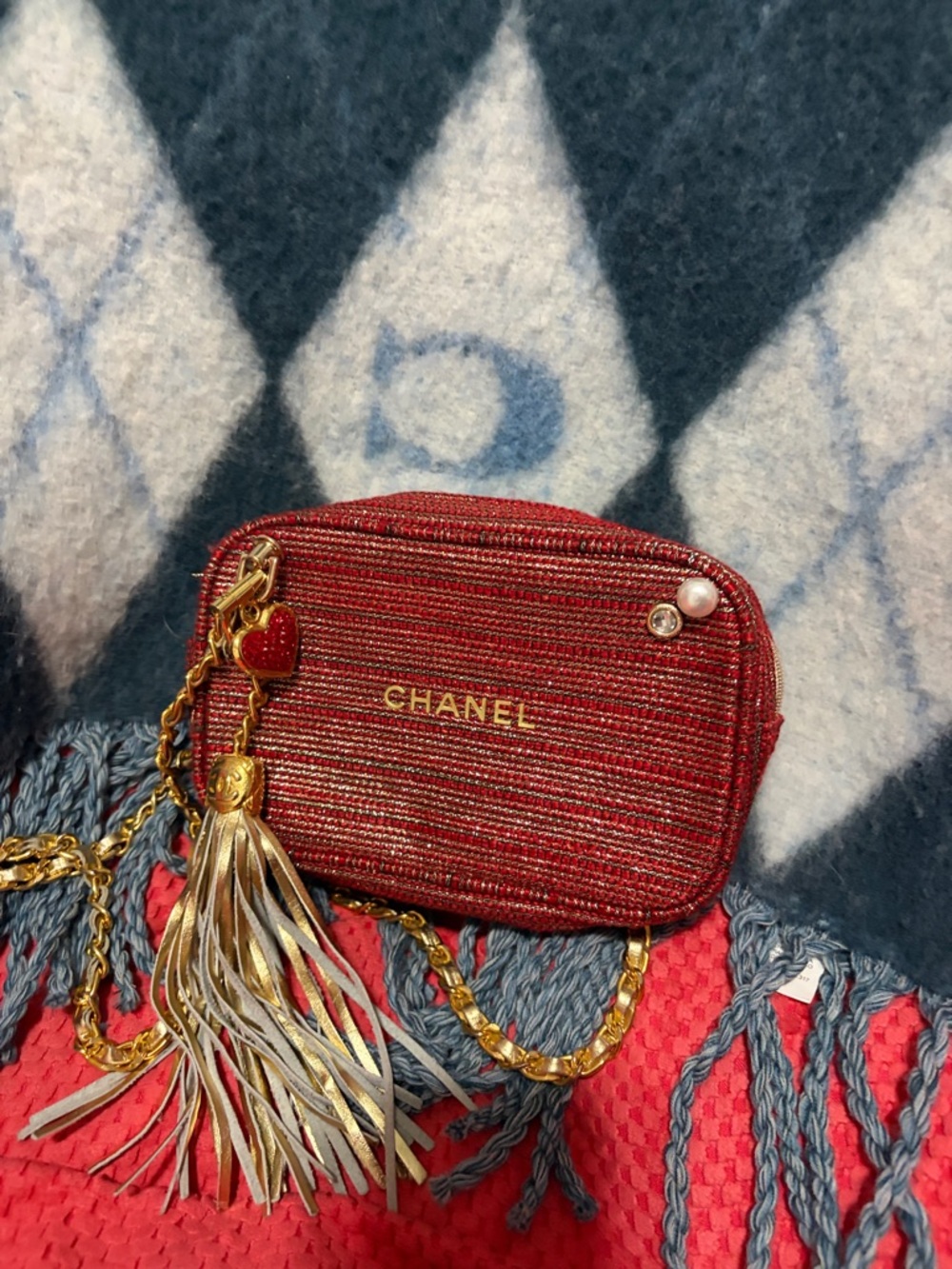 CHANEL Red and Gold Tweed 2022 Beaute Bag with Strap Added